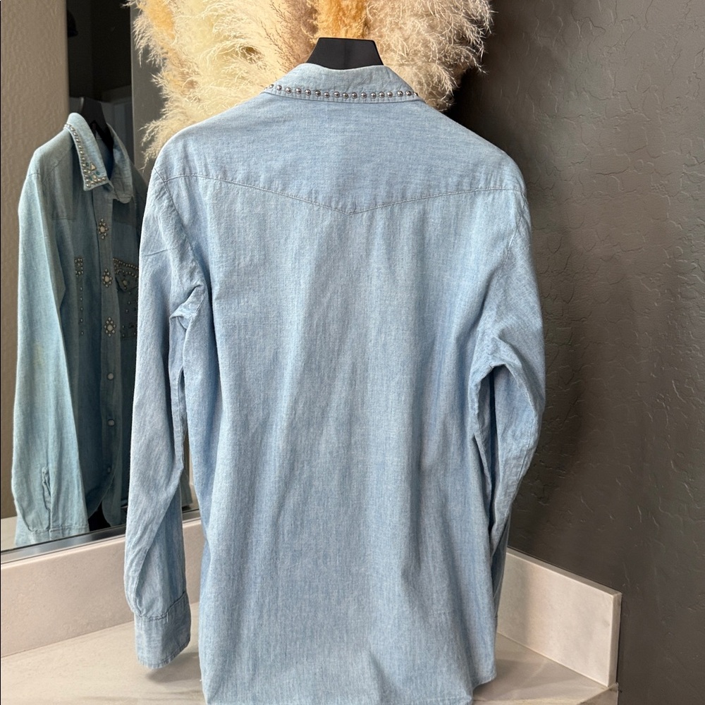 YOU GOTTA BE KIDDING Embellished Light Blue Denim & Diamonds shirt VTG - Picture 5 of 12